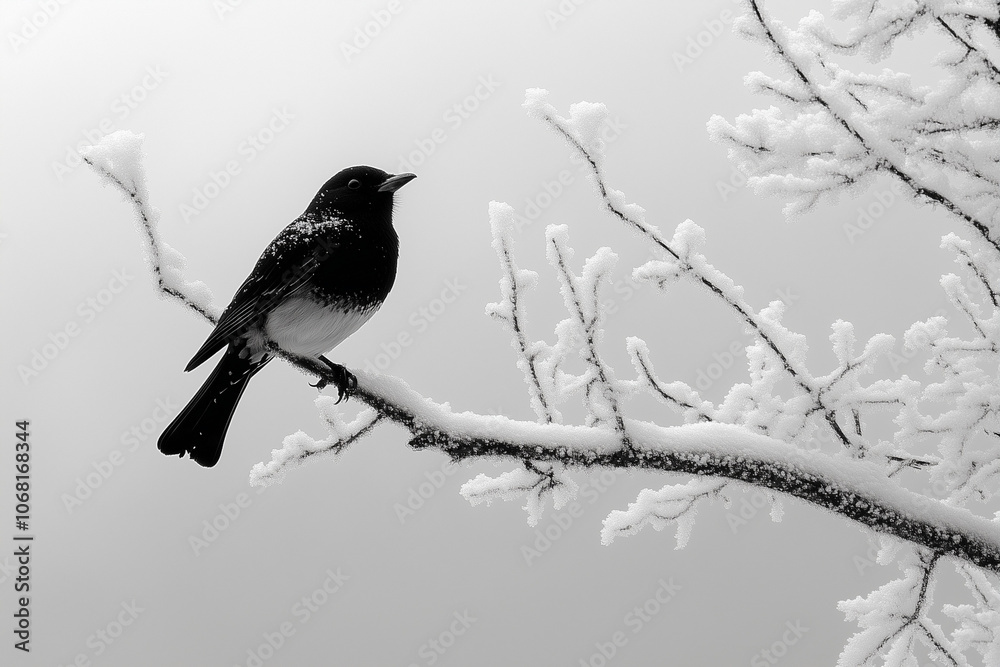 A close-up of a black bird perched on a tree surrounded by snow, creating a striking contrast with the wintery backdrop. A close-up of a black bird perched on a tree surrounded by snow, creating a striking contrast with the wintery backdrop.