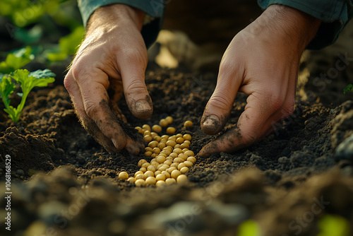 A close-up of a gardener's hands carefully planting seeds in rich, dark soil, nurturing growth in the garden. photo