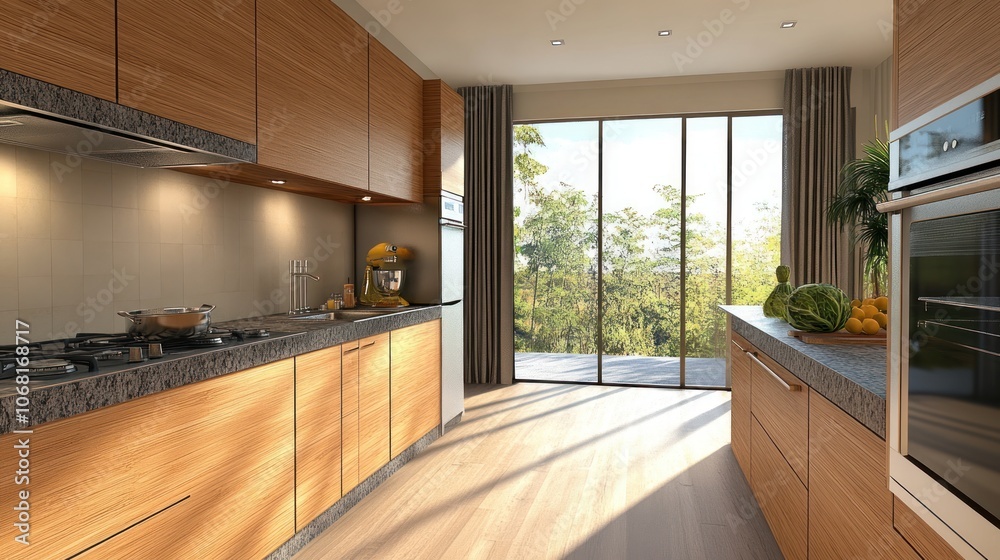 A modern kitchen with wood cabinets and a view of a lush green forest through a large window. A modern kitchen with wood cabinets and a view of a lush green forest through a large window.