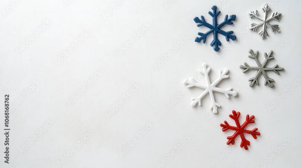 Playful snowflakes in bright cheerful colors scattered on light background create festive atmosphere. Perfect for winter themed designs and decorations Playful snowflakes in bright cheerful colors scattered on light background create festive atmosphere. Perfect for winter themed designs and decorations