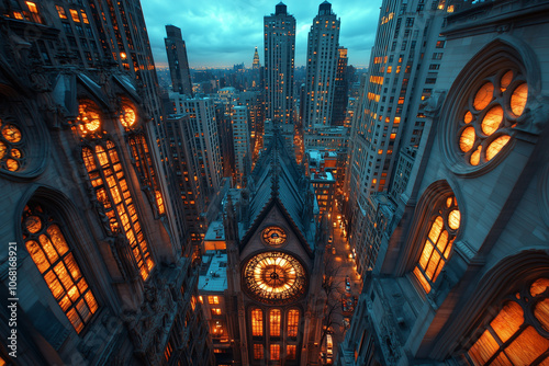 Aerial view of a massive Gothic cathedral, showcasing its intricate architecture, towering spires, and detailed stonework, set against a dramatic sky.