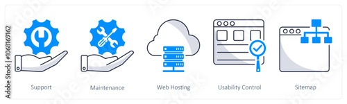 A set of 5 web design icons as support, maintenance, web hosting