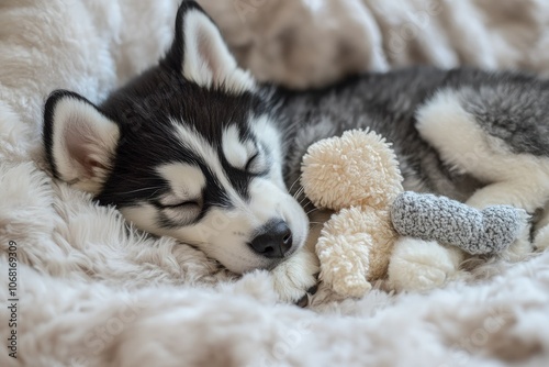 a husky dog sleeping with a stuffed animal