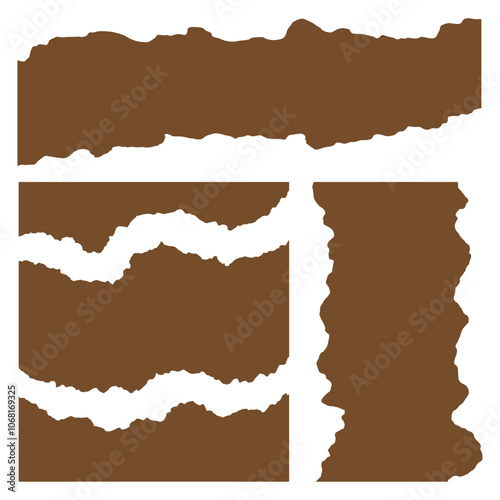 Ripped paper set vector. Craft paper rip torn paper texture label, recording notes. Dark brown paper tear effect border, realistic torn paper edges sheet. Broken old paper stripes for various purpose