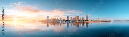 Scenic coastal cityscape, clean ocean, electric boats docked, wind farms offshore, people enjoying clean beaches, sustainable and eco-conscious tourism development