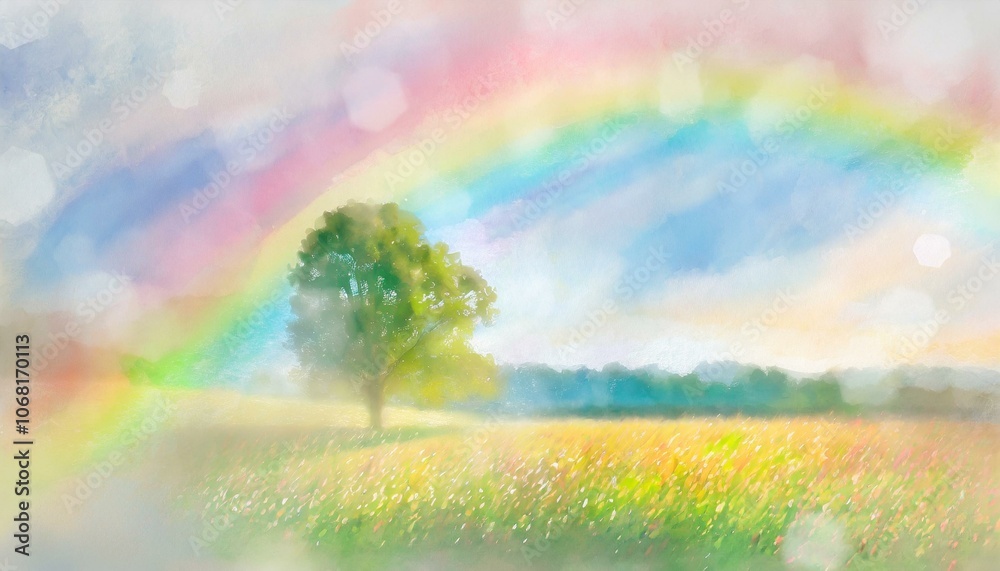Fototapeta premium Natural landscape painting with a rainbow after the rain