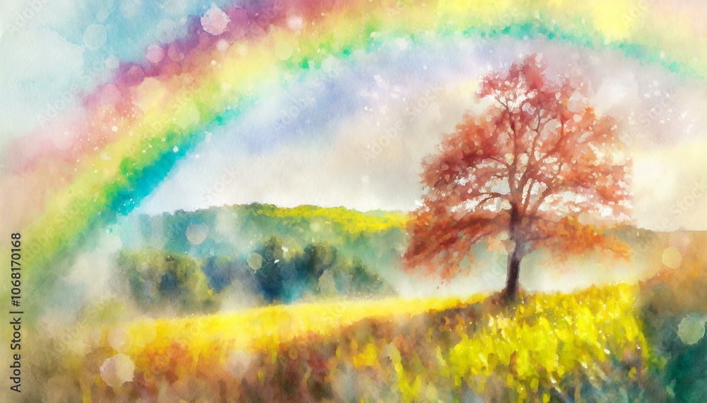 Natural landscape painting with a rainbow after the rain Natural landscape painting with a rainbow after the rain