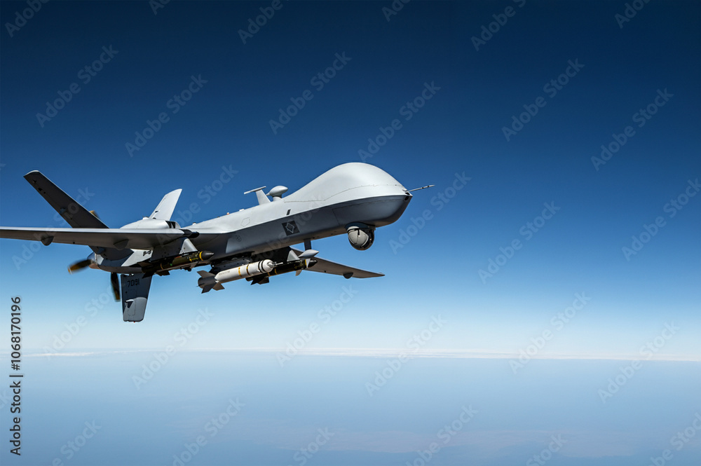 Naklejka premium Armored military drone with missile flies in the sky. Unmanned aerial vehicle.