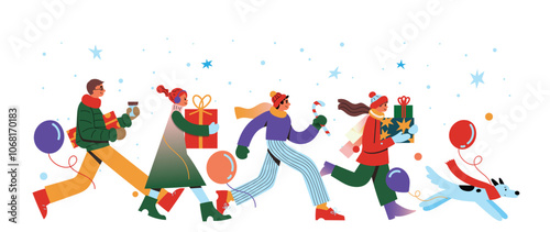 A picture of many people walking to buy decorations for Christmas and New Year. Vector Background image for advertising during the New Year's Day festival. 