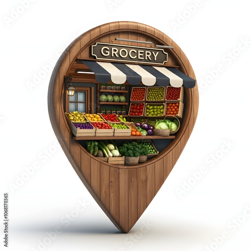 Hyper-realistic 3D render of a rustic grocery shop shaped like a location pin, with detailed wood textures and vibrant produce displayed in wooden crates at the entrance,' all set against