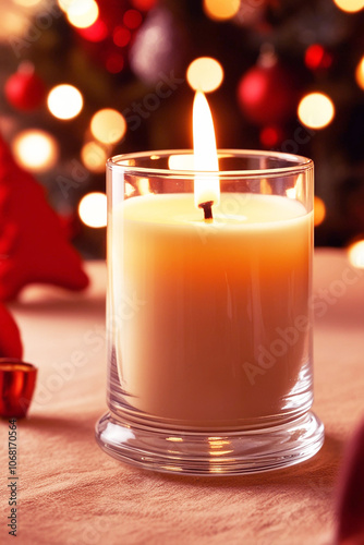  The image shows a candle in a glass vessel placed against a Christmas background that creates a warm and cozy atmosphere. The candlelight softly illuminates the surrounding space, casting warm reflec