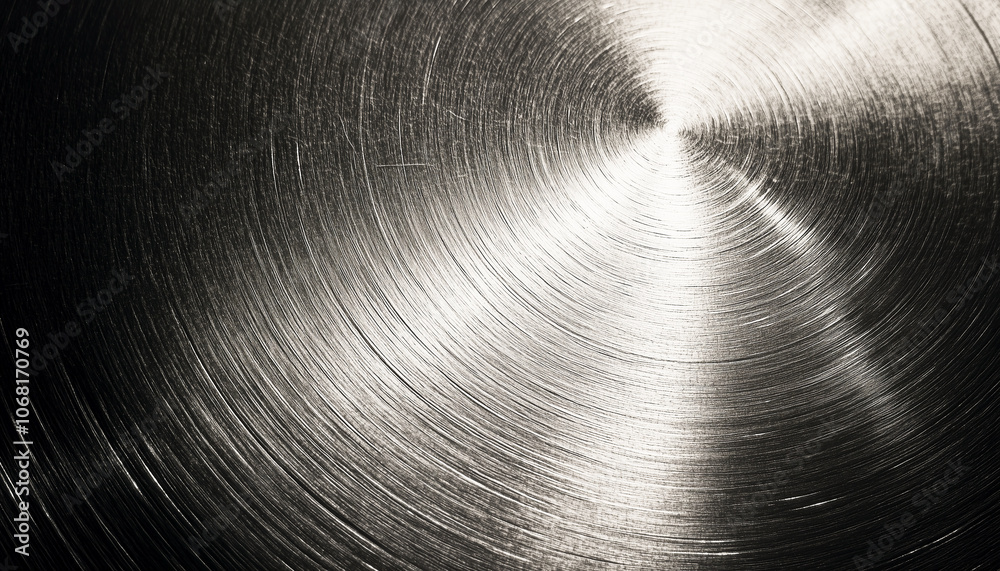 Circular brushed metal texture with concentric patterns, creating sleek and industrial feel. metallic surface reflects light, highlighting its smooth and polished finish Circular brushed metal texture with concentric patterns, creating sleek and industrial feel. metallic surface reflects light, highlighting its smooth and polished finish