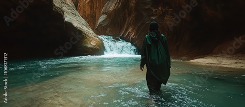 A lone hiker wades through a turquoise creek in a canyon with a waterfall in the distance. photo