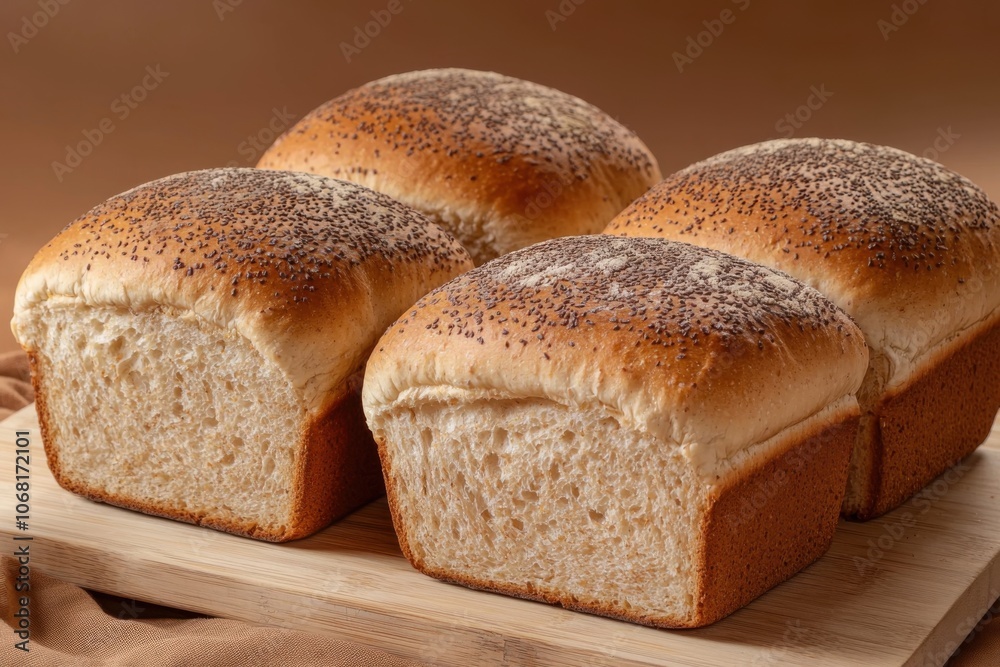 A close-up of freshly baked bread loaves with a golden crust and poppy seeds on top, arranged on a wooden board. A close-up of freshly baked bread loaves with a golden crust and poppy seeds on top, arranged on a wooden board.