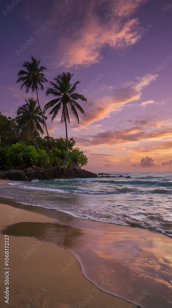 Fototapeta premium Sunset Over the Island: Tropical Beachscape with Palm Silhouettes