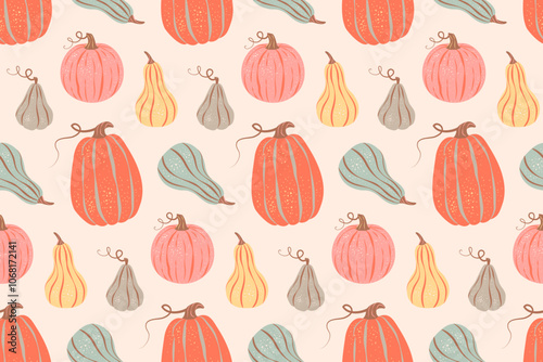 Seamless pattern of colorful pumpkins on pastel yellow background. Vector illustration in a vintage retro style. Thanksgiving, harvest, autumn season fabric textile, packaging, wrapping paper
