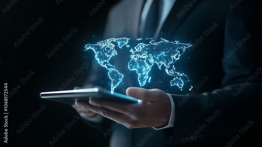 A business person interacts with a holographic map of the world while in a dimly lit office