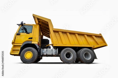 A very large yellow mining truck used in coal mining. Oversized heavy duty Mine dumper truck isolated on white background. This has clipping path.