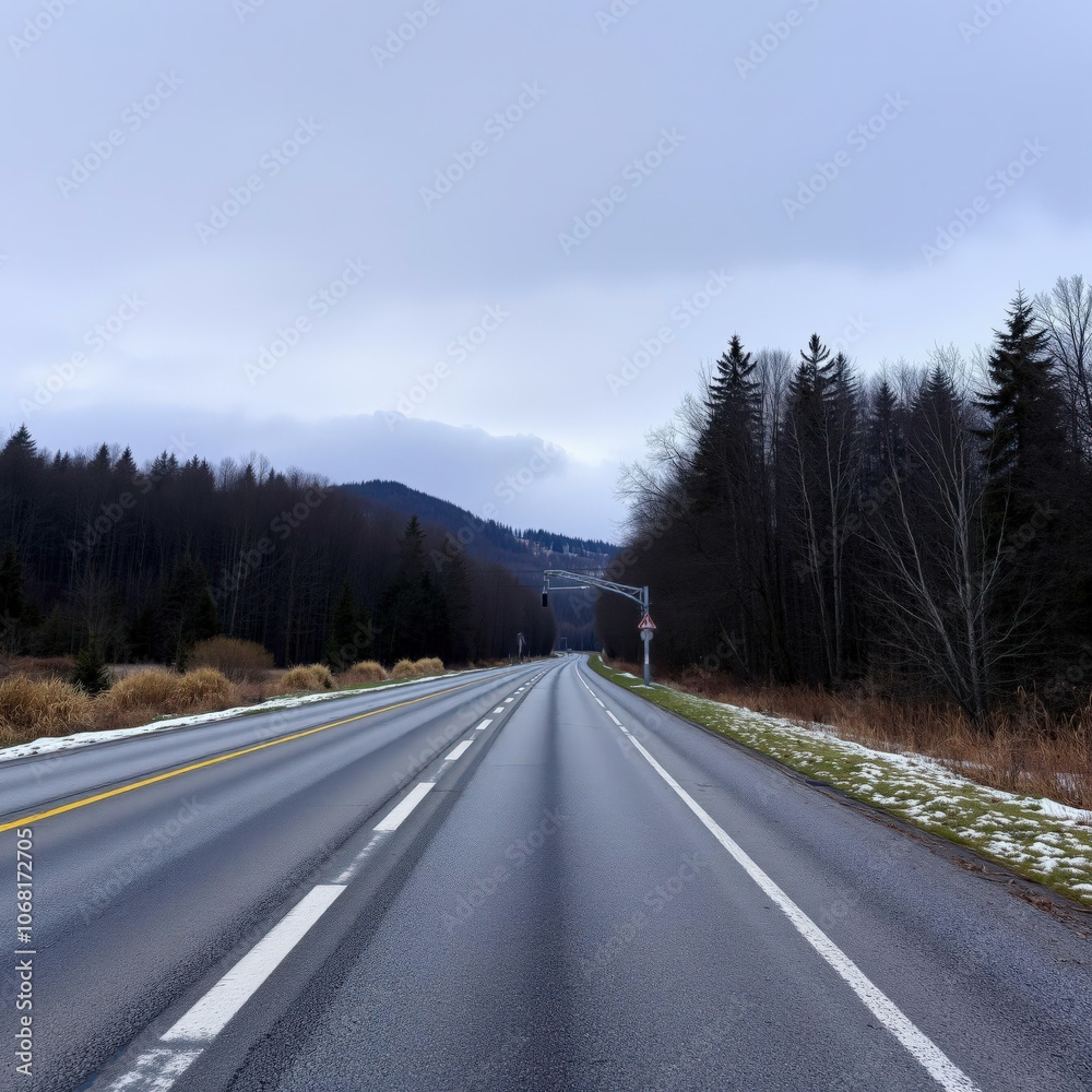 Serene Mountain Highway at Dusk, Perfect for Calming Wall Art or Desktop Background Serene Mountain Highway at Dusk, Perfect for Calming Wall Art or Desktop Background