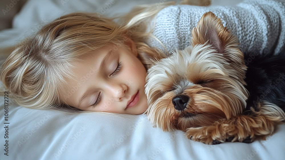 A little girl with blonde hair is sleeping on the bed, cuddling her Yorkshire Terrier dog next to her A little girl with blonde hair is sleeping on the bed, cuddling her Yorkshire Terrier dog next to her