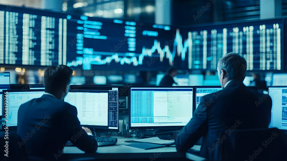 Wide shot of a trading floor with numerous screens showing real-time financial data, traders closely monitoring and analyzing the stock market in a fast-paced environment
