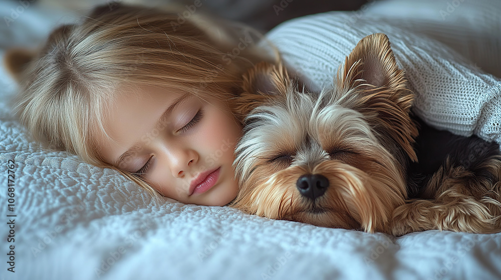A little girl with blonde hair is sleeping on the bed, cuddling her Yorkshire Terrier dog next to her A little girl with blonde hair is sleeping on the bed, cuddling her Yorkshire Terrier dog next to her