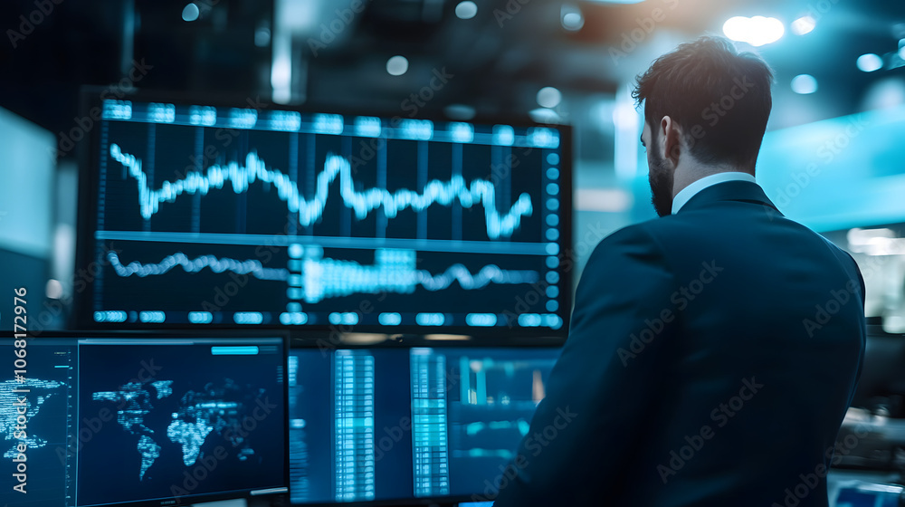 Wide shot of a trading floor with numerous screens showing real-time financial data, traders closely monitoring and analyzing the stock market in a fast-paced environment
Wide shot of a trading floor with numerous screens showing real-time financial data, traders closely monitoring and analyzing the stock market in a fast-paced environment