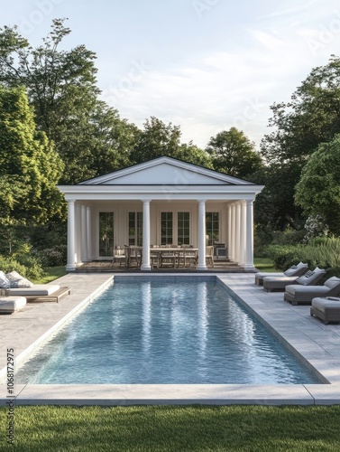 Elegant white pool house with outdoor dining and seating around a large rectangular pool, surrounded by green grass and trees in a New England backyard.