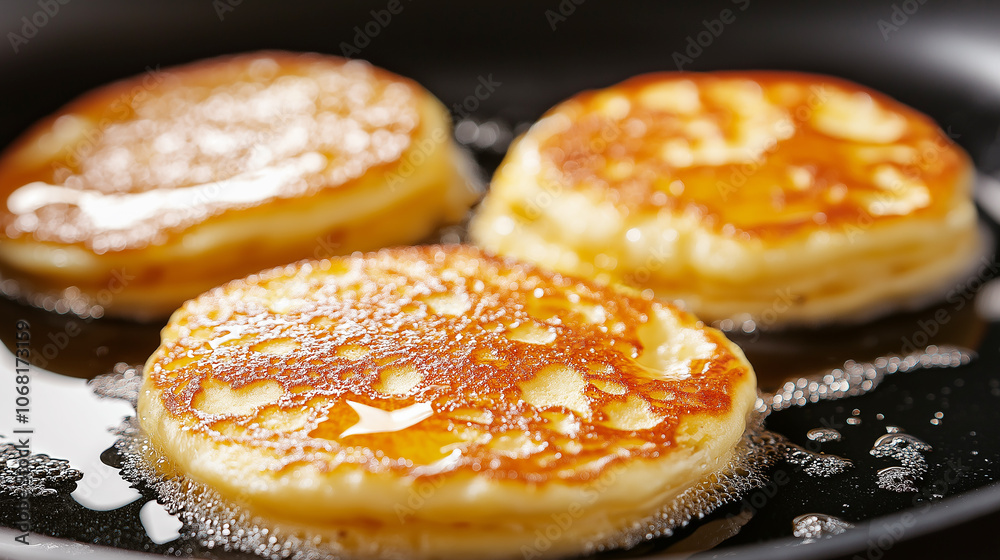 Golden pancakes drizzled with syrup on a black griddle. The warm tones and rich texture highlight a delicious breakfast scene, capturing comfort and indulgence. Golden pancakes drizzled with syrup on a black griddle. The warm tones and rich texture highlight a delicious breakfast scene, capturing comfort and indulgence.