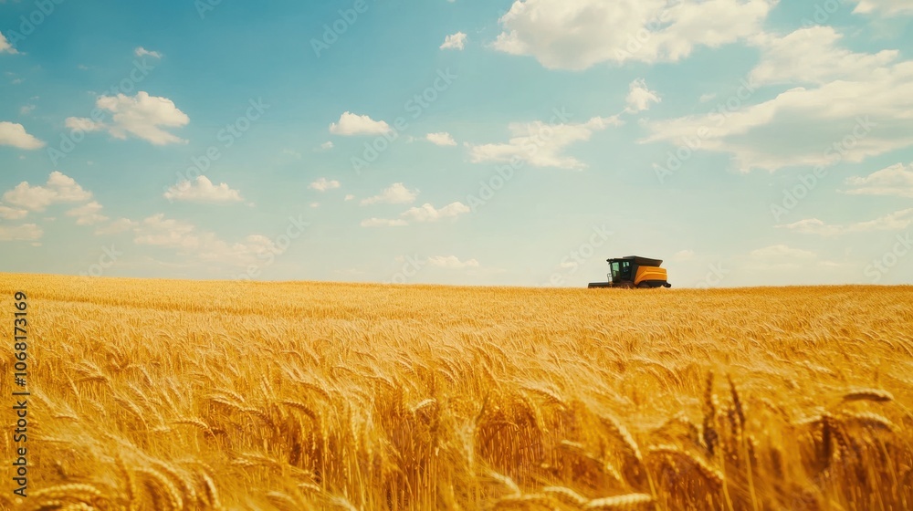 Fototapeta premium Golden Wheat Field with Harvester Under Blue Sky