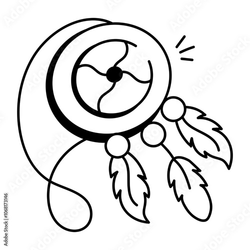 A doodle icon of native necklace with dreamcatcher feathers and beads

