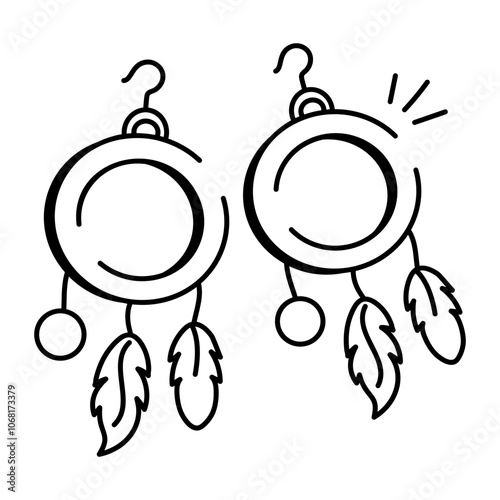 A doodle icon of a pair of native earrings adorned with feathers and beads

