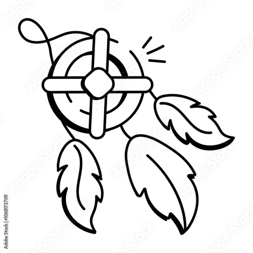 A hand drawn icon of a medicine wheel with feathers

