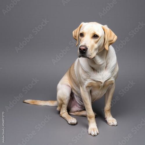 Beautiful Yellow Labrador Sitting Calmly Against Gray Background Perfect for Dog Lovers and Home Decor