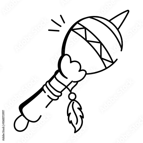 A doodle icon of a gourd rattle with a feather
