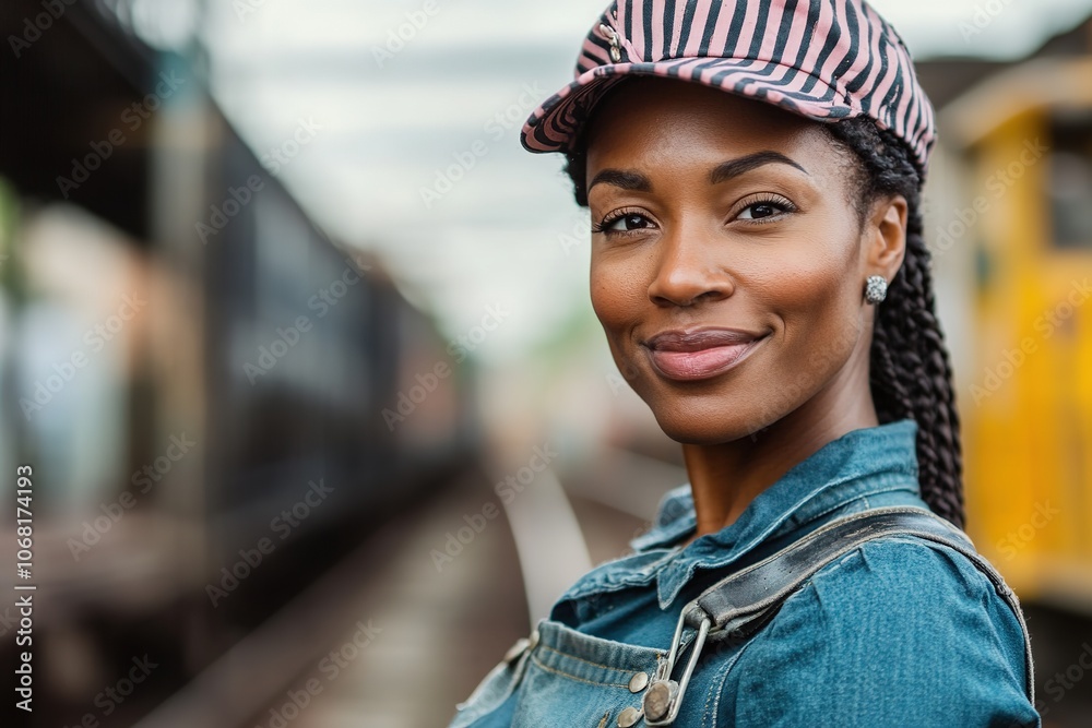 Smiling woman in denim with train in background Smiling woman in denim with train in background