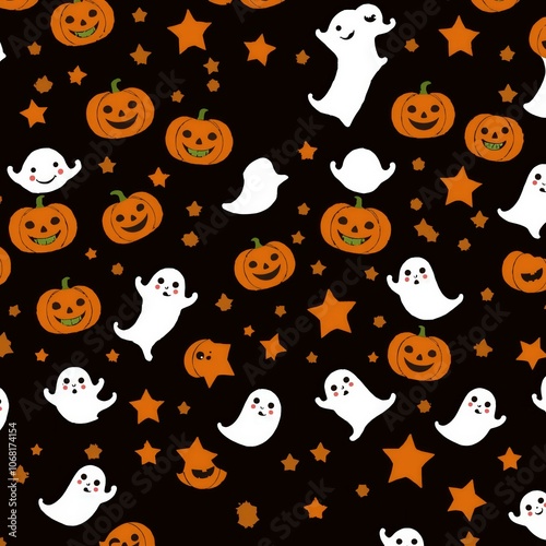 Adorable Halloween Pattern with Ghosts, Pumpkins, and Stars - Perfect for Crafting, Decorating, and Celebrating the Spooky Season