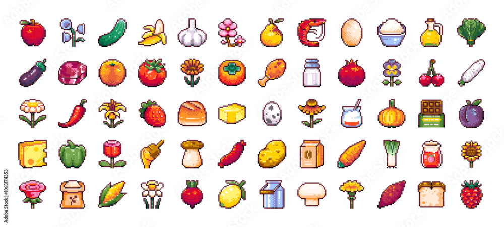 Pixel Art Food and Farm Product Icons Set, Fruits, Bakery, Sweets, Vegetables, Agriculture Plants, Healthy Food Products, Kitchen, Snack, Rose Flowers. Retro 8-bit Elements for Games and Design. Pixel Art Food and Farm Product Icons Set, Fruits, Bakery, Sweets, Vegetables, Agriculture Plants, Healthy Food Products, Kitchen, Snack, Rose Flowers. Retro 8-bit Elements for Games and Design.