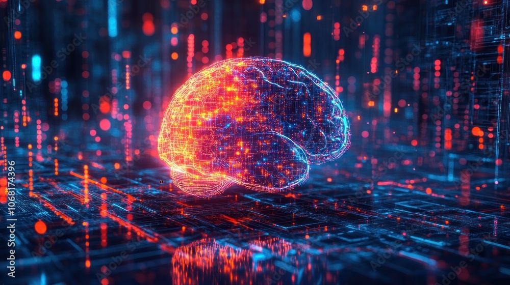 A glowing, digital representation of a brain on a futuristic circuit board background. A glowing, digital representation of a brain on a futuristic circuit board background.