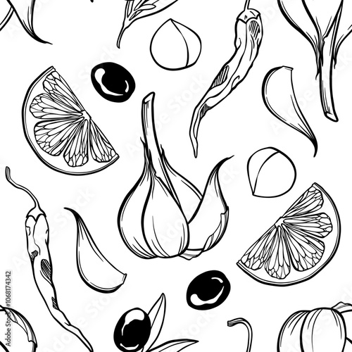 Seamless pattern with vector garlic and chili peppers and lemon olive fruits.