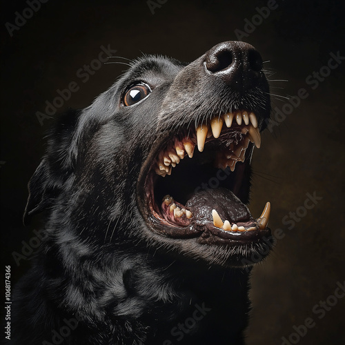 Fierce black dog baring its teeth in an intimidating display, captured with a sharp focus on its intense expression, showcasing strength and protection instincts.