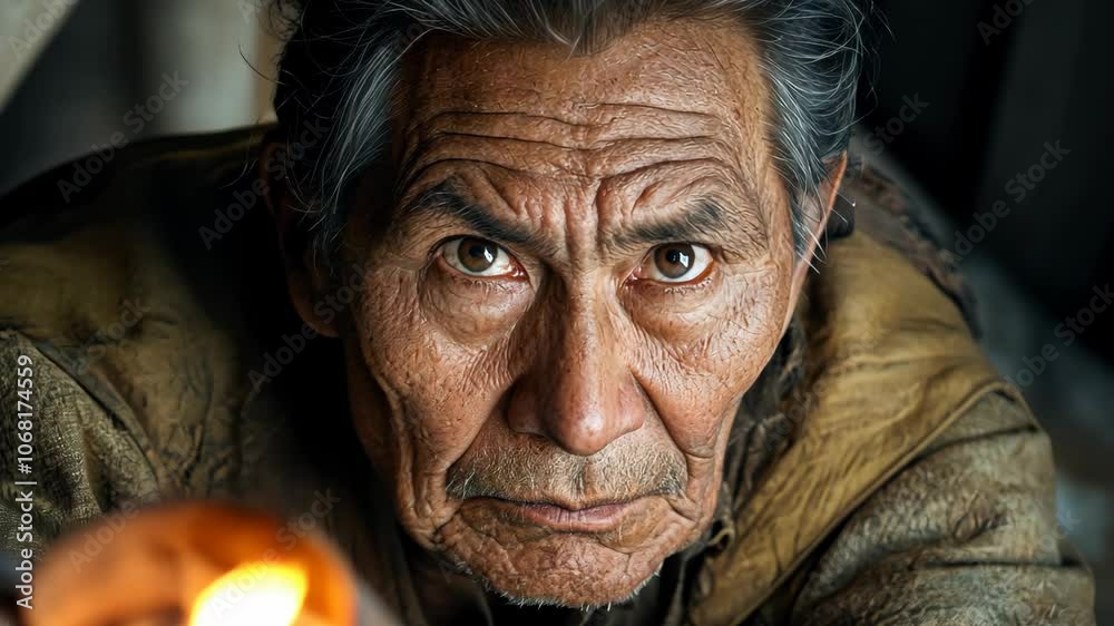 An elderly man stares intently into the camera while holding a burning torch in a dimly lit room An elderly man stares intently into the camera while holding a burning torch in a dimly lit room