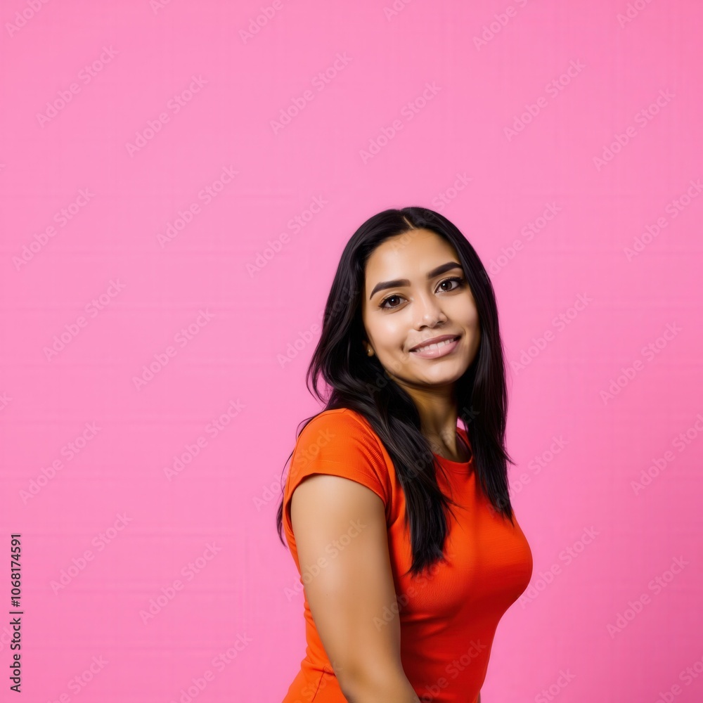 Vibrant Portrait of a Young Woman in Orange Top against Pink Background, Perfect for Social Media, Advertising, and Marketing Materials Vibrant Portrait of a Young Woman in Orange Top against Pink Background, Perfect for Social Media, Advertising, and Marketing Materials