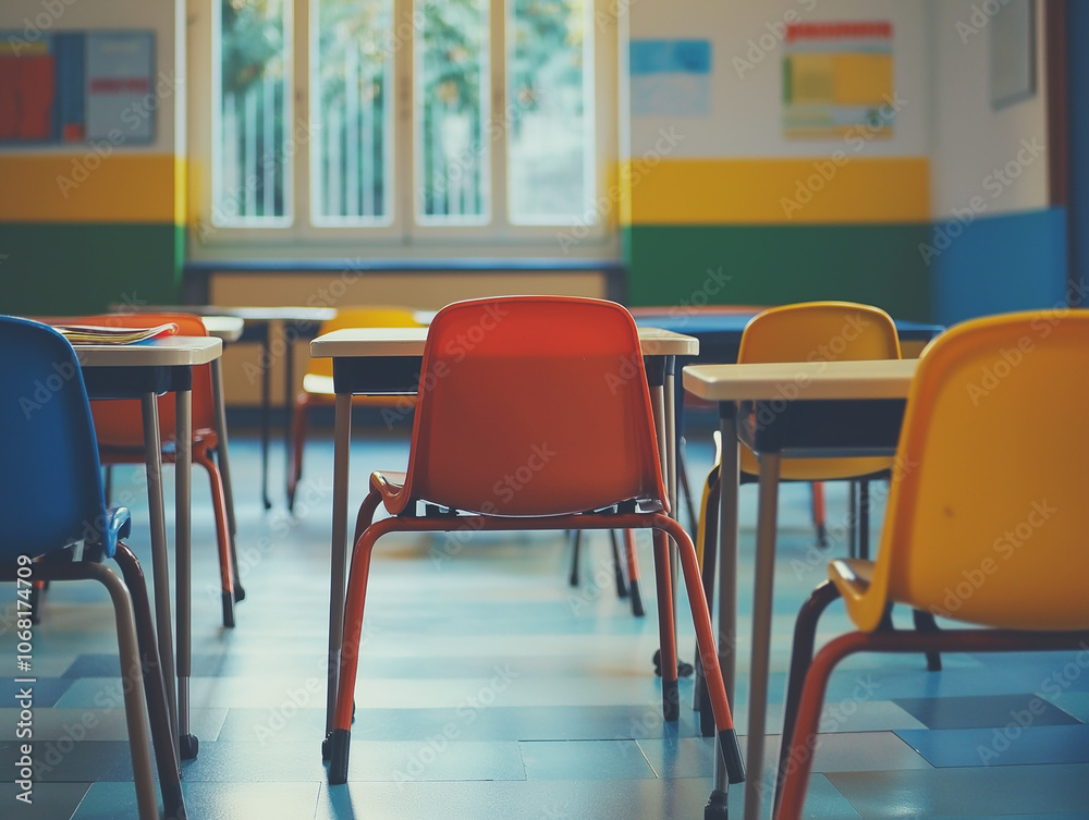 Empty classroom with rows of desks and chairs in front of a large window, capturing a calm educational setting awaiting students.