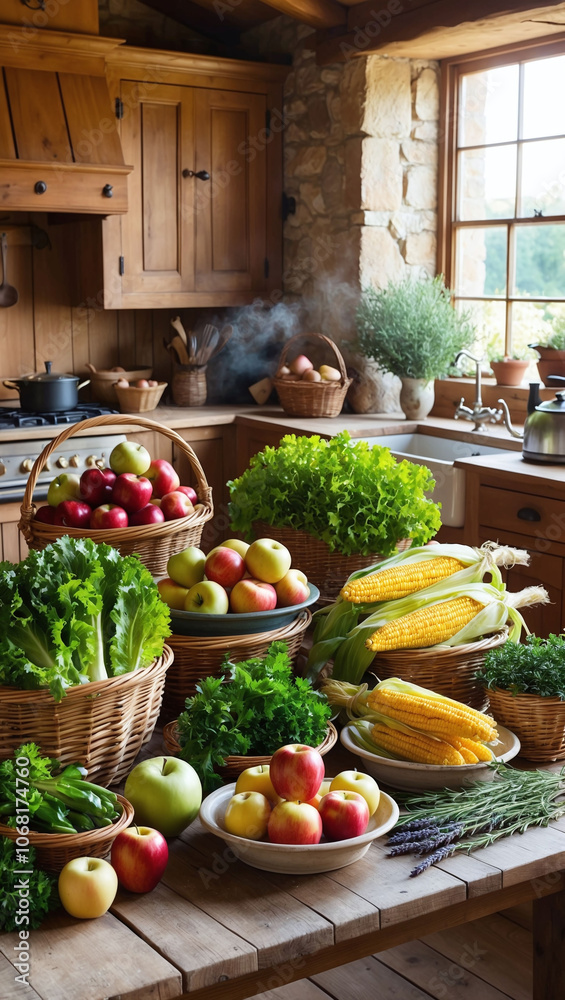 Traditional farm kitchen with fresh produce laid out on the table Traditional farm kitchen with fresh produce laid out on the table