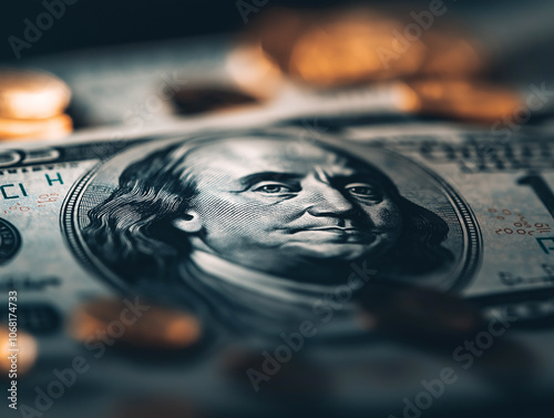 Close-up of a U.S. one-hundred-dollar bill with crisp details, capturing the intricate design of currency. The image highlights the face of Benjamin Franklin. photo