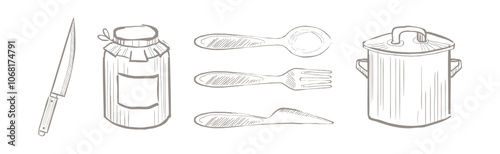 Kitchen Utensils and Kitchenware Hand Drawn Item and Object Vector Set
