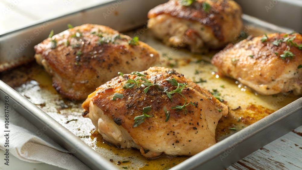 Baked chicken thighs with herbs and garlic on metal tray Baked chicken thighs with herbs and garlic on metal tray