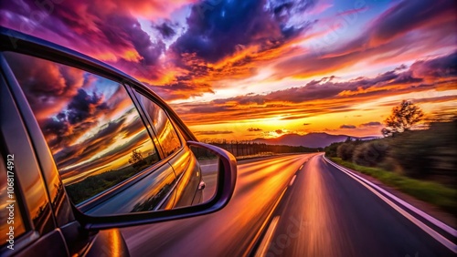 Captivating Long Exposure of Driving at Sunset: A Glimpse in the Rearview Mirror Showcasing Vibrant Colors and Tranquil Scenery