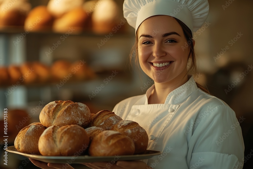 Smiling female baker with fresh bread in bakery Smiling female baker with fresh bread in bakery